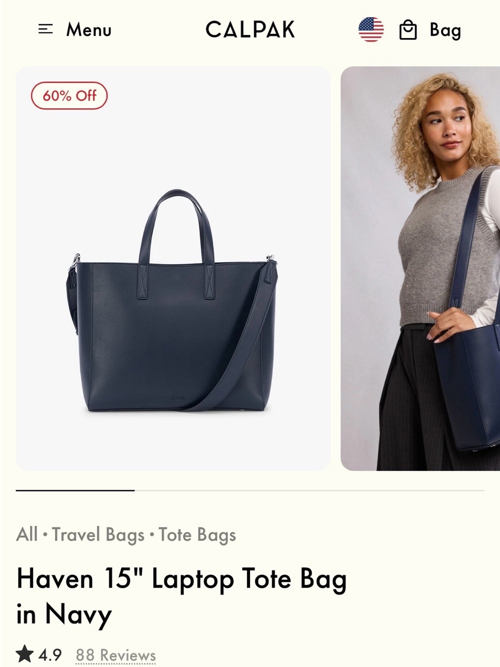 Calpak Haven 15” Navy Blue Laptop Tote with Removable Strap (NWT)